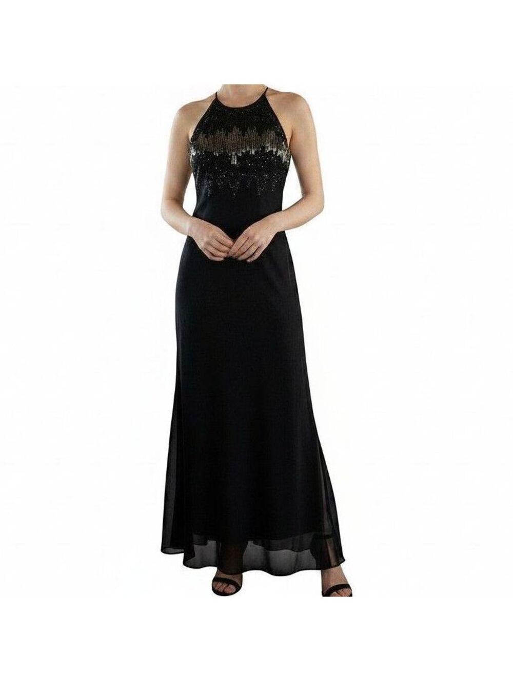 Vintage Cachet Black Sleeveless Beaded Evening Gown Size 4 Sheer overlay Y2K